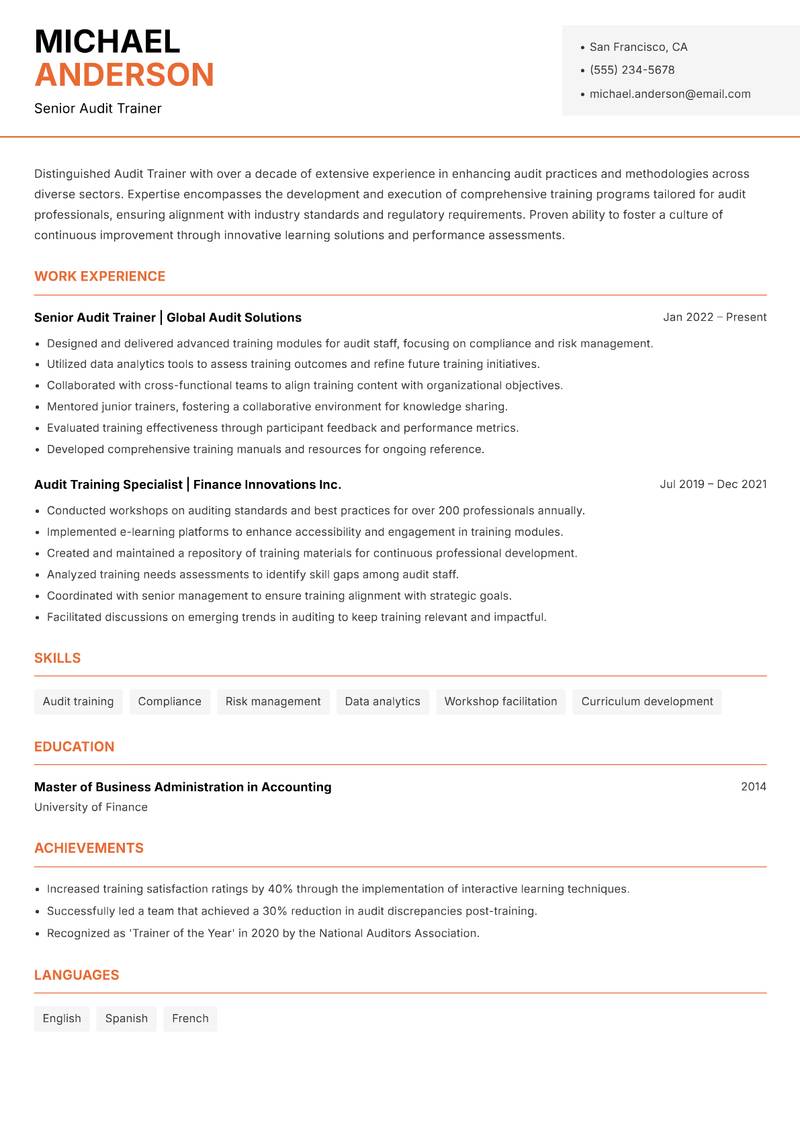 Audit Trainer Resume Template