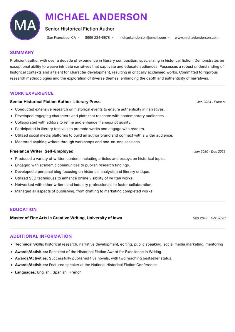Author Resume Preview Example