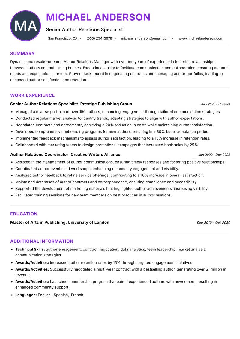 Author Relations Manager Resume Preview Example
