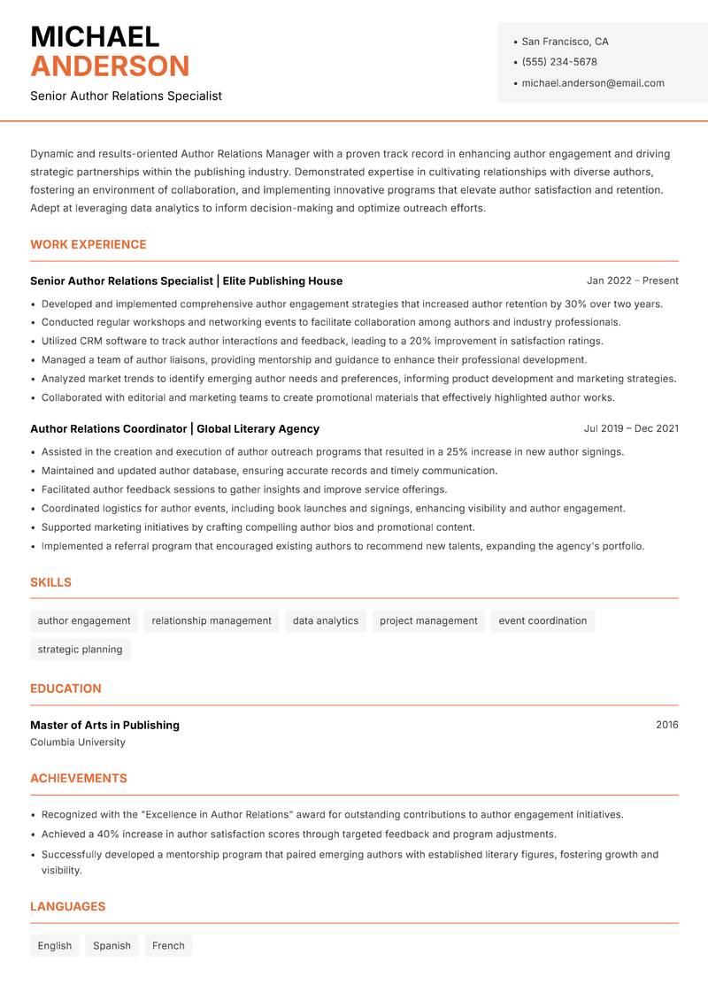 Author Relations Manager Resume Template