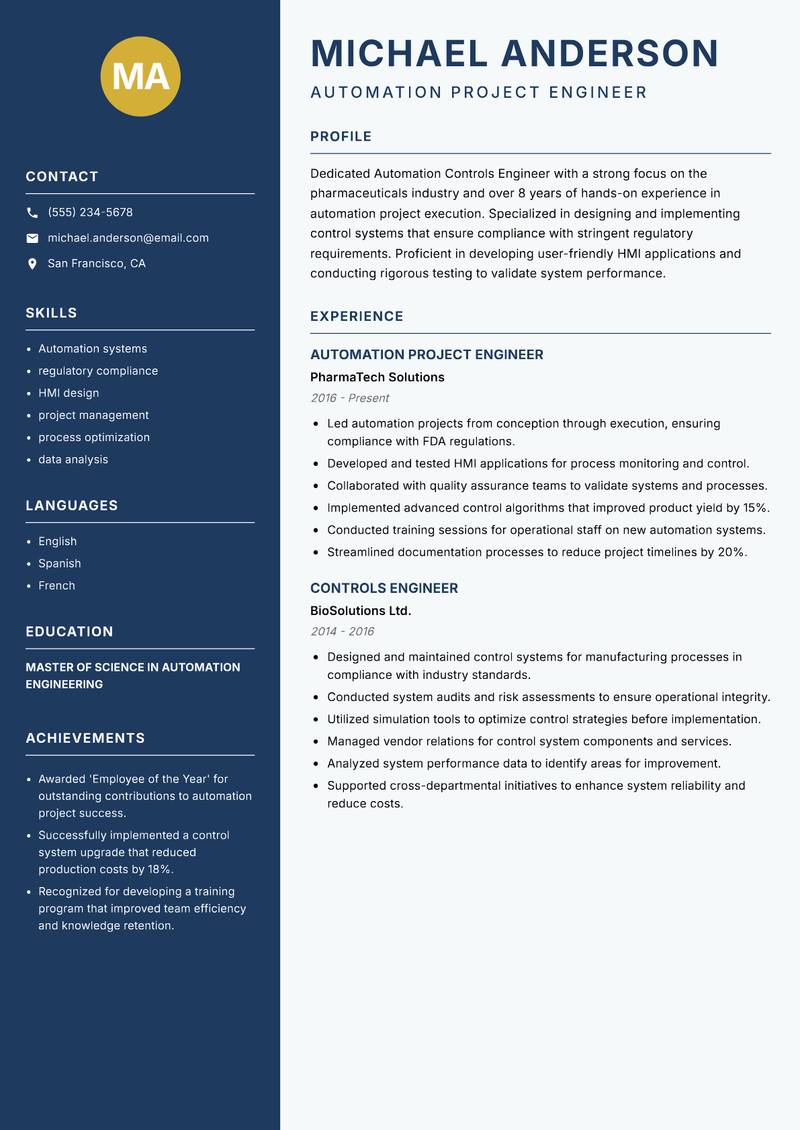 Automation Controls Engineer Resume Preview Example