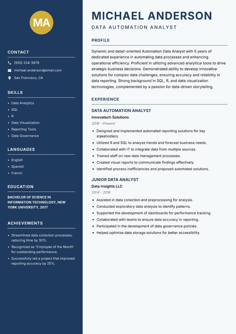 Automation Data Analyst Resume Preview Example