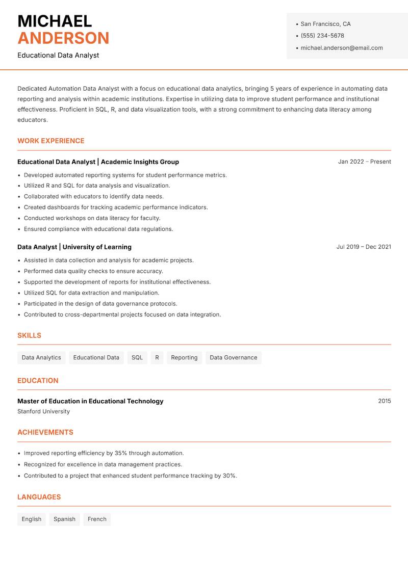 Automation Data Analyst Resume Template