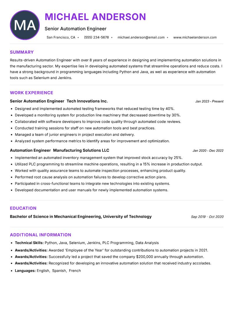 Automation Engineer Resume Preview Example