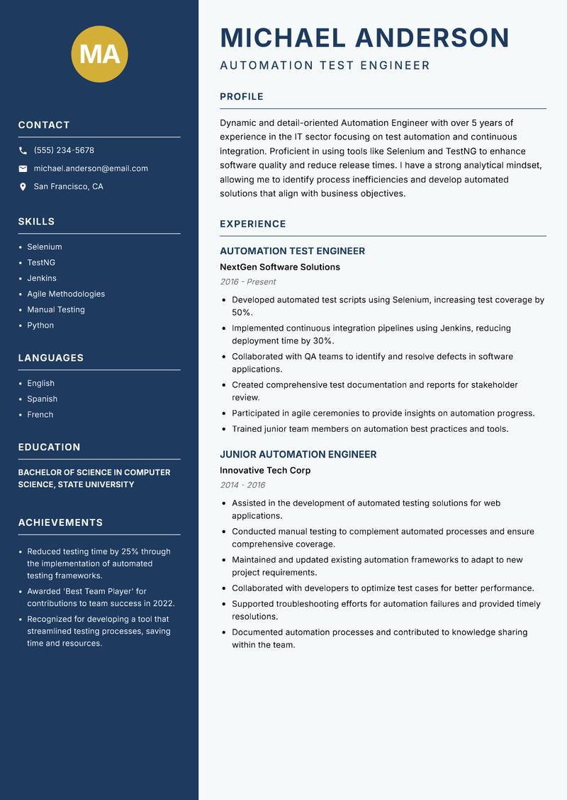 Automation Engineer Resume Preview Example