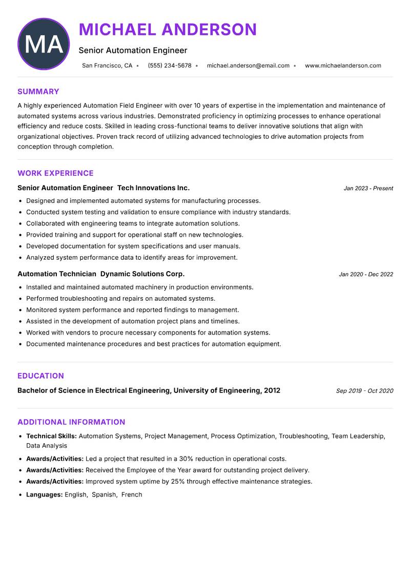 Automation Field Engineer Resume Preview Example