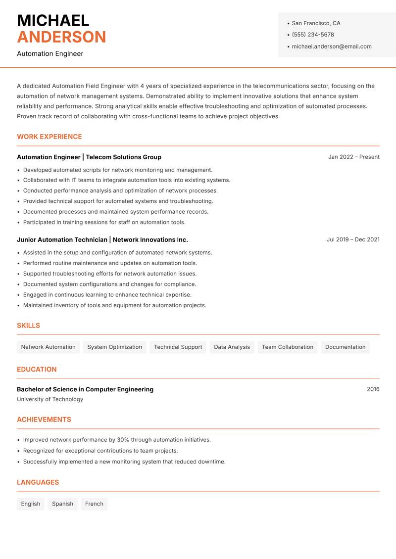 Automation Field Engineer Resume Template