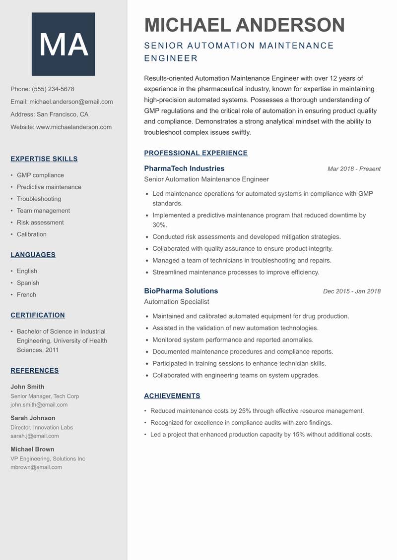 Automation Maintenance Engineer Resume Preview Example