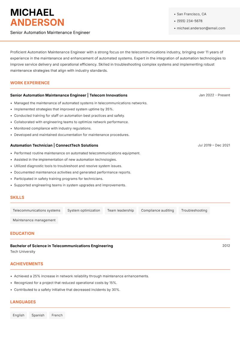 Automation Maintenance Engineer Resume Template