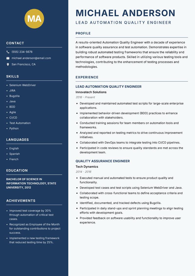 Automation Quality Engineer Resume Preview Example