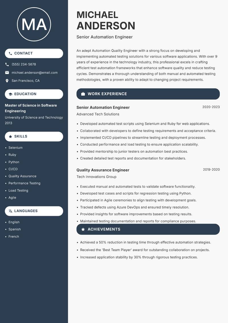 Automation Quality Engineer Resume Preview Example