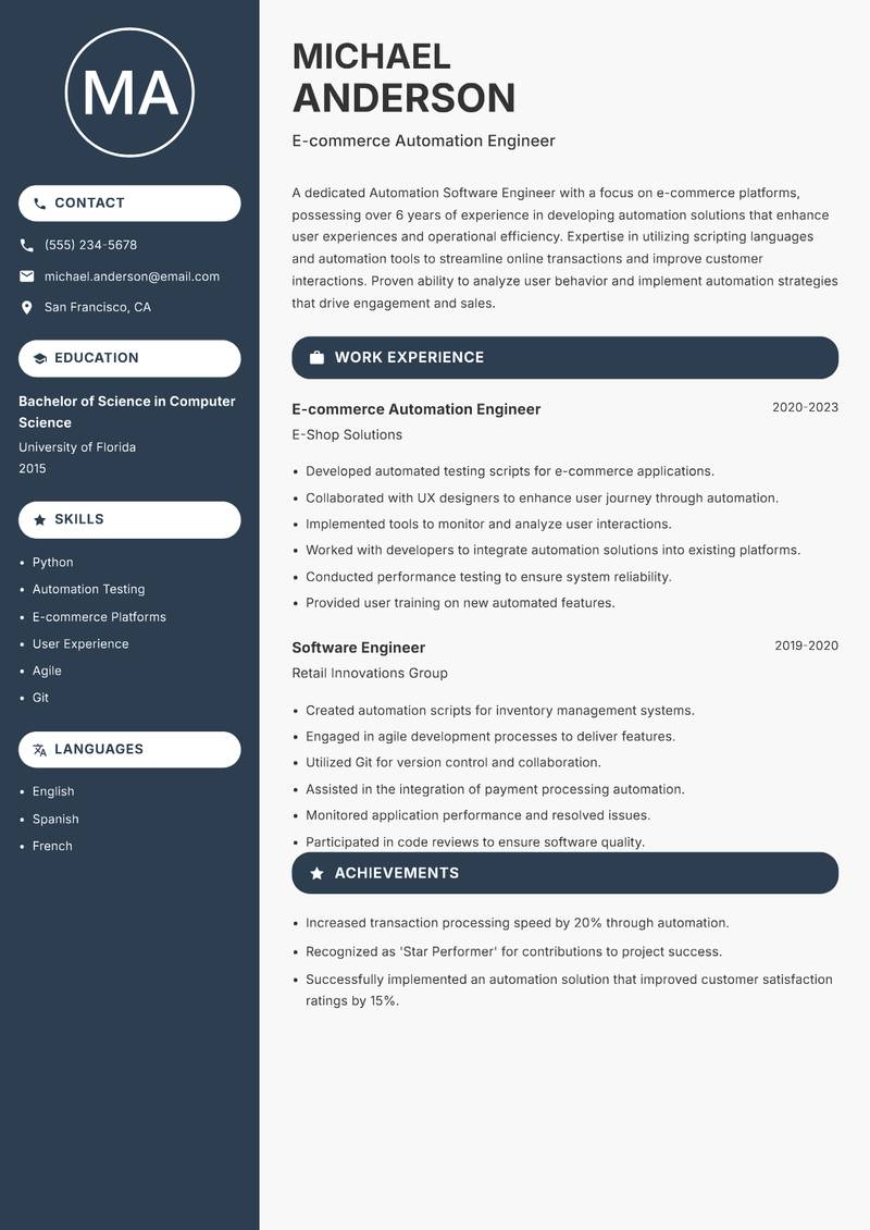 Automation Software Engineer Resume Preview Example