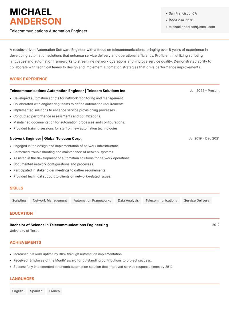 Automation Software Engineer Resume Template