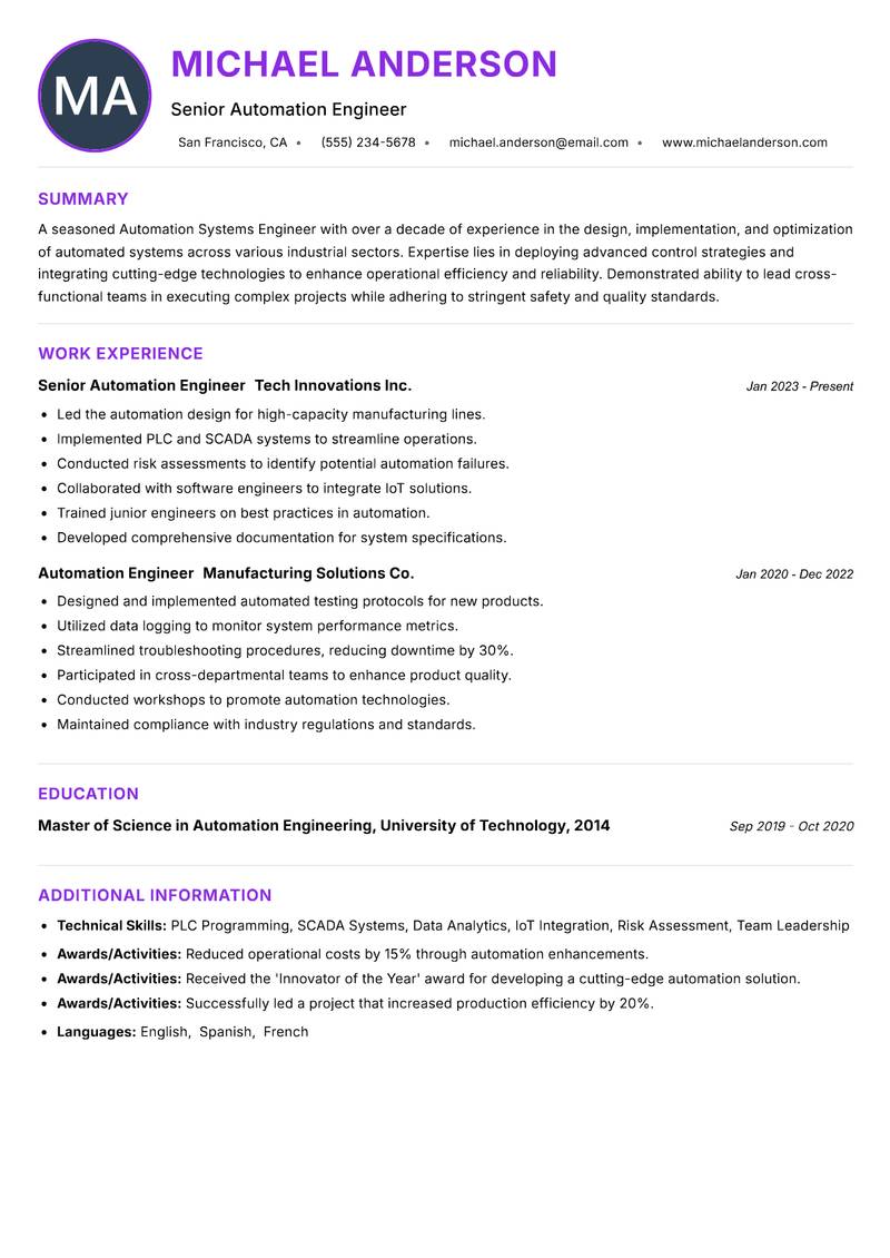 Automation Systems Engineer Resume Preview Example