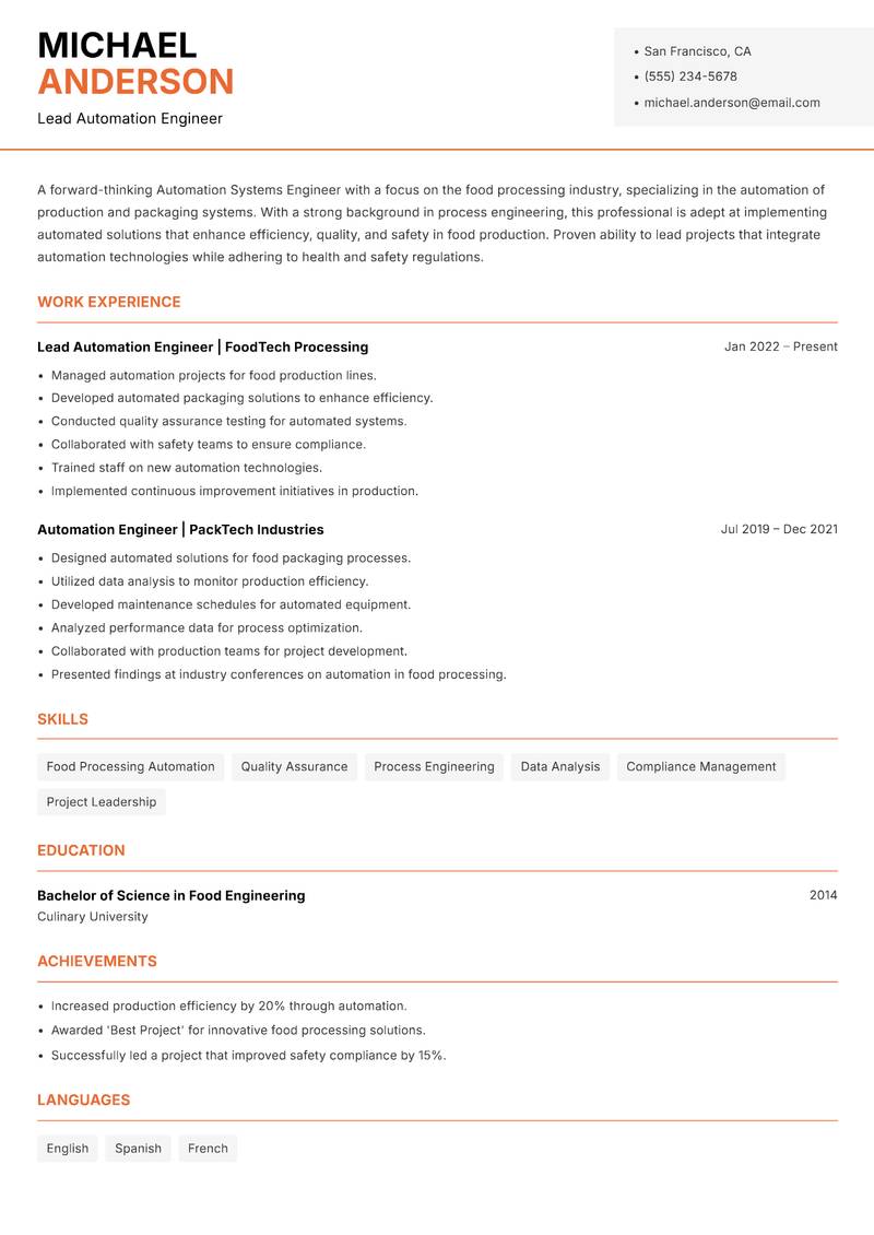 Automation Systems Engineer Resume Template