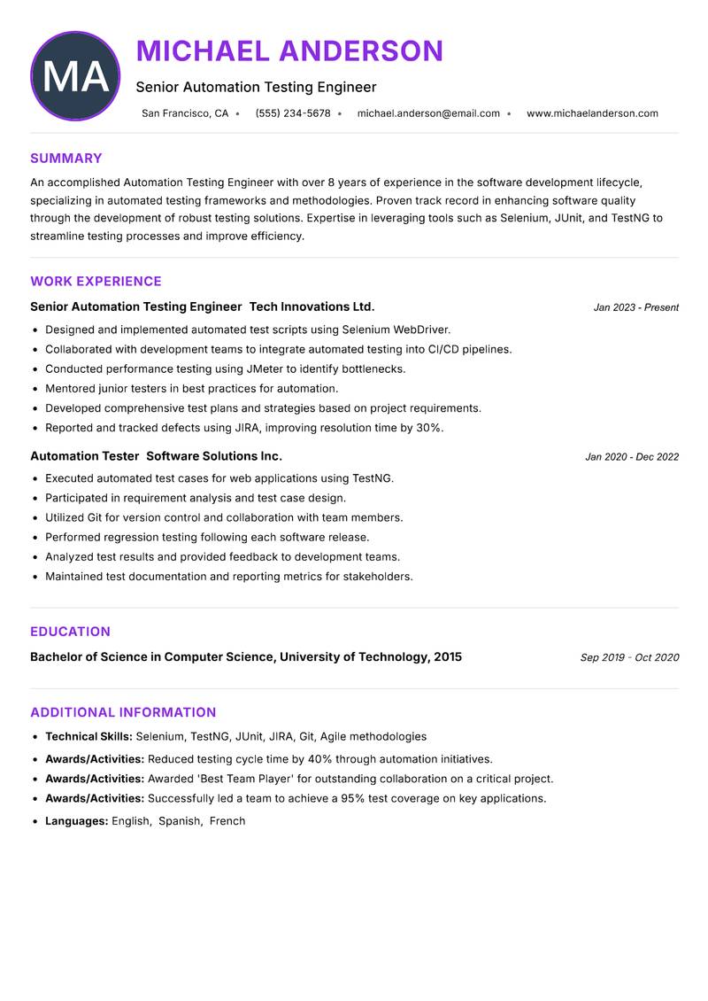 Automation Testing Engineer Resume Preview Example