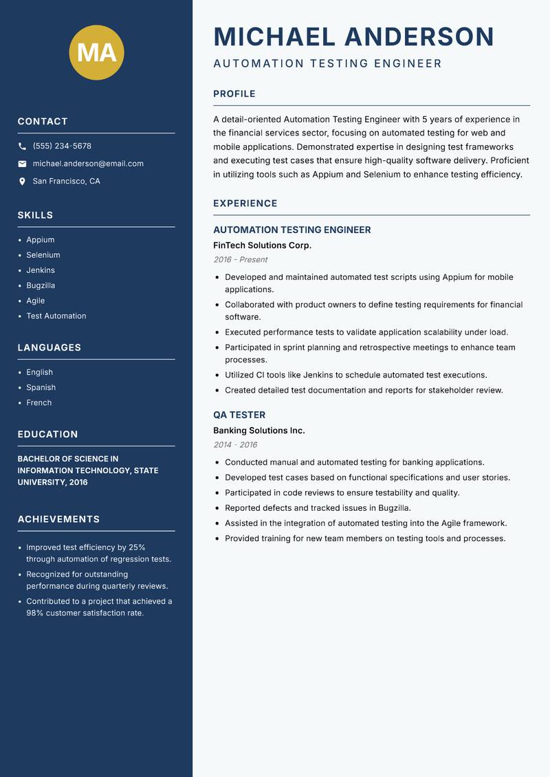 Automation Testing Engineer Resume Preview Example