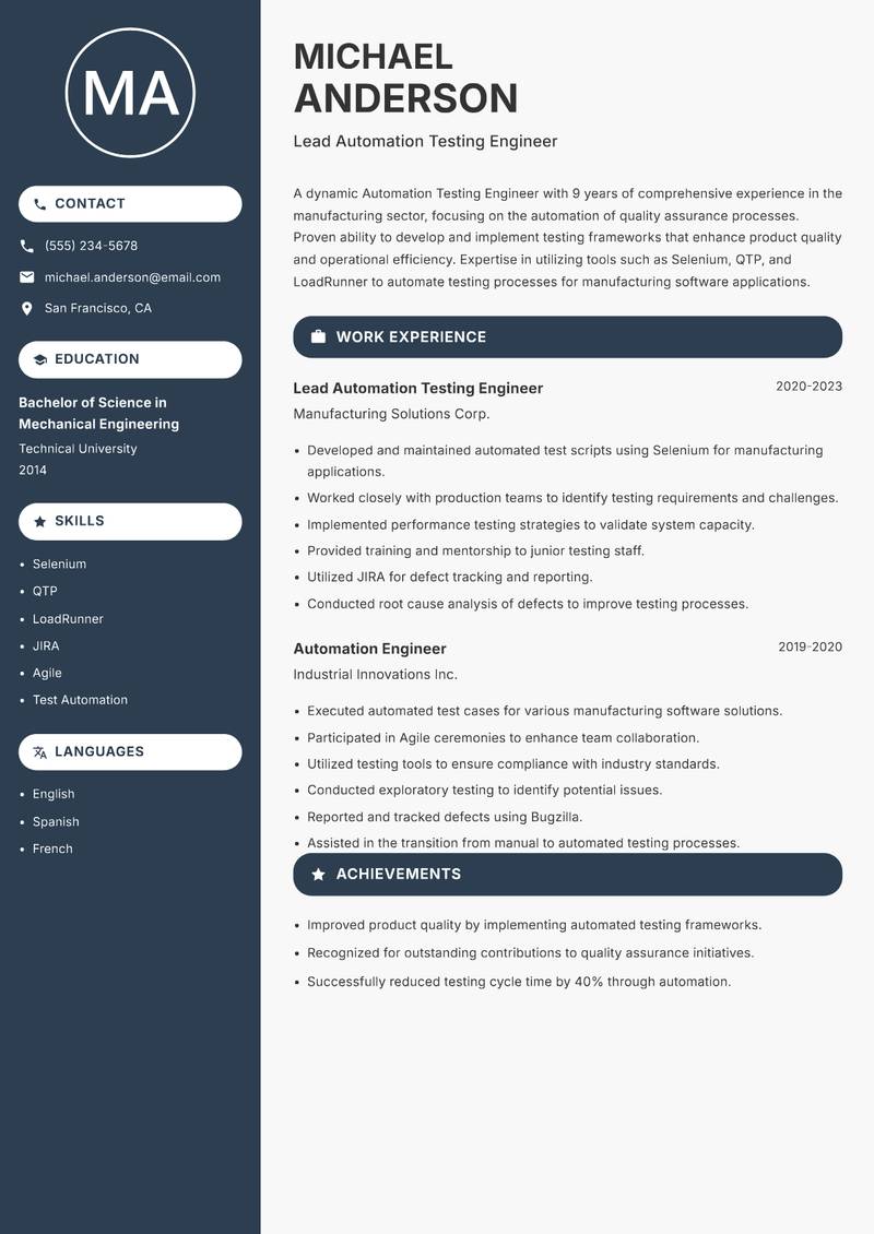 Automation Testing Engineer Resume Preview Example