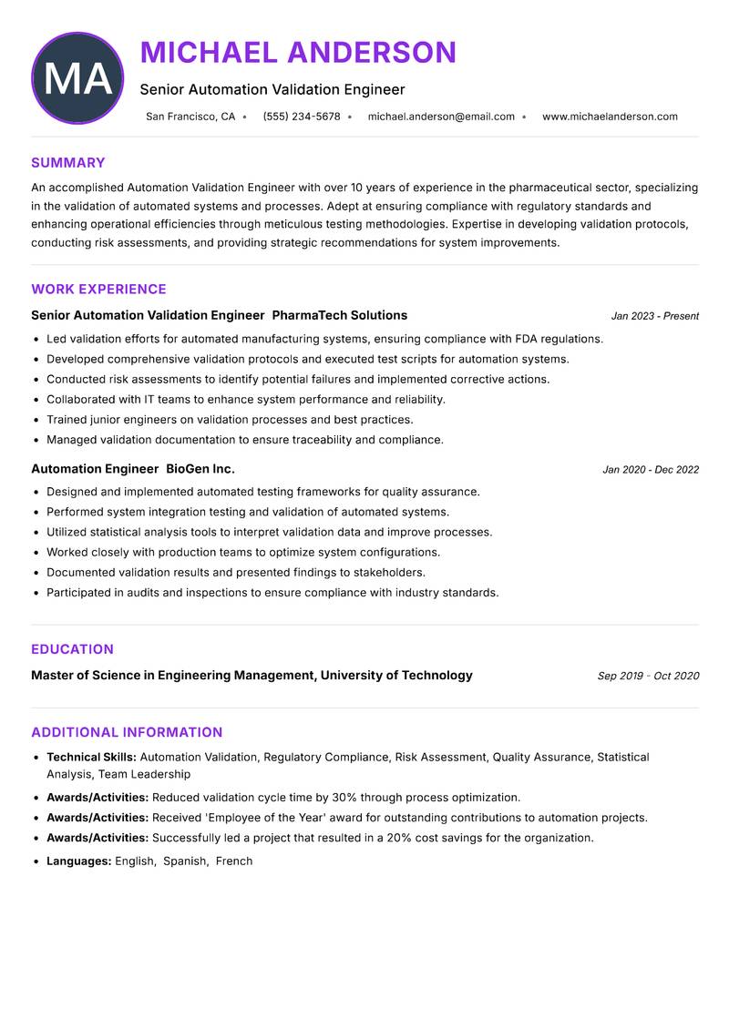 Automation Validation Engineer Resume Preview Example