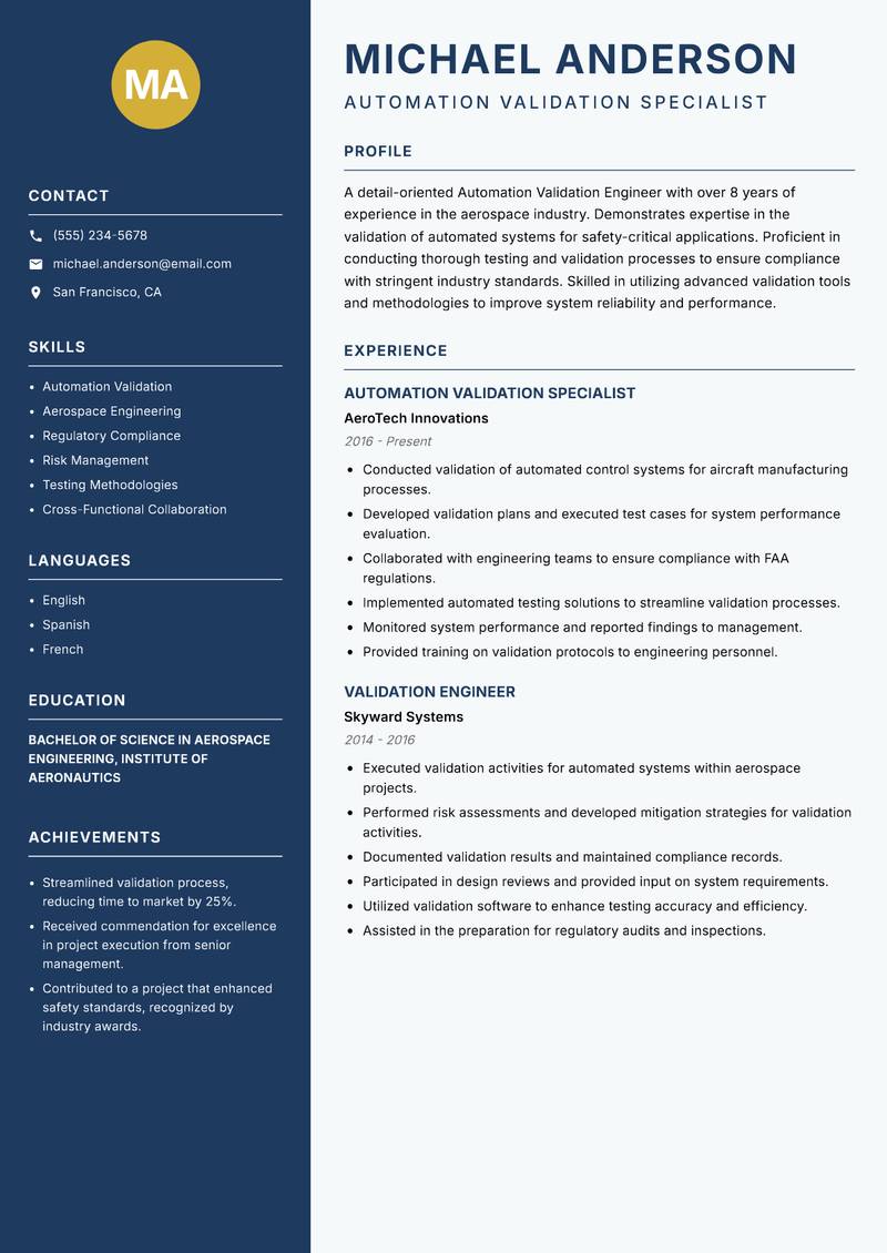 Automation Validation Engineer Resume Preview Example