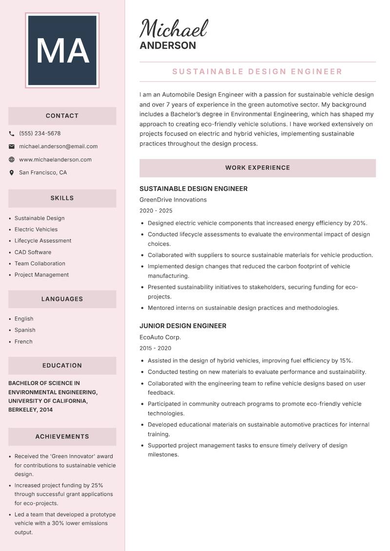 Automobile Design Engineer Resume Preview Example