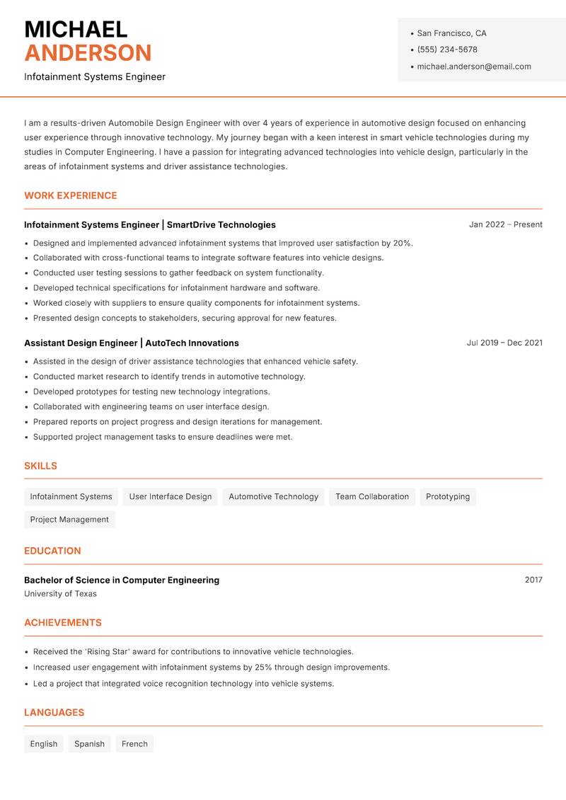 Automobile Design Engineer Resume Template