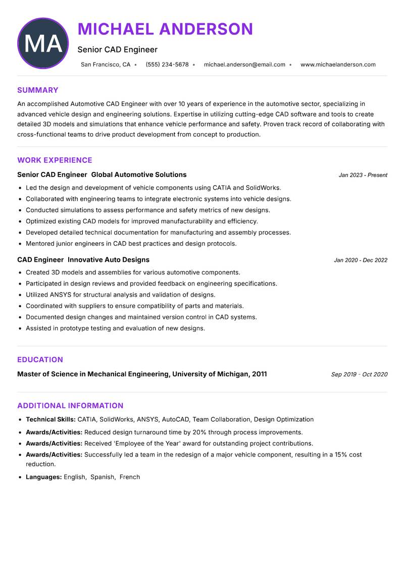 Automotive CAD Engineer Resume Preview Example