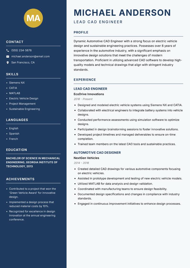 Automotive CAD Engineer Resume Preview Example