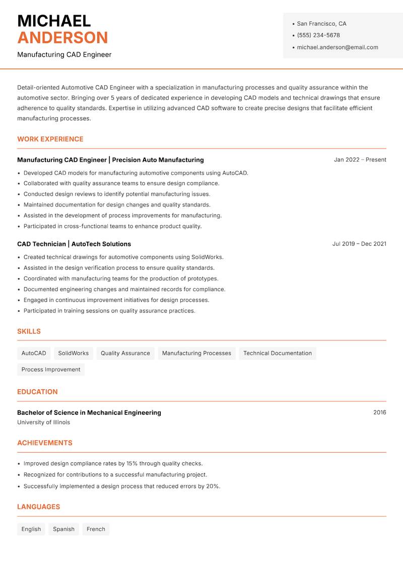 Automotive CAD Engineer Resume Template