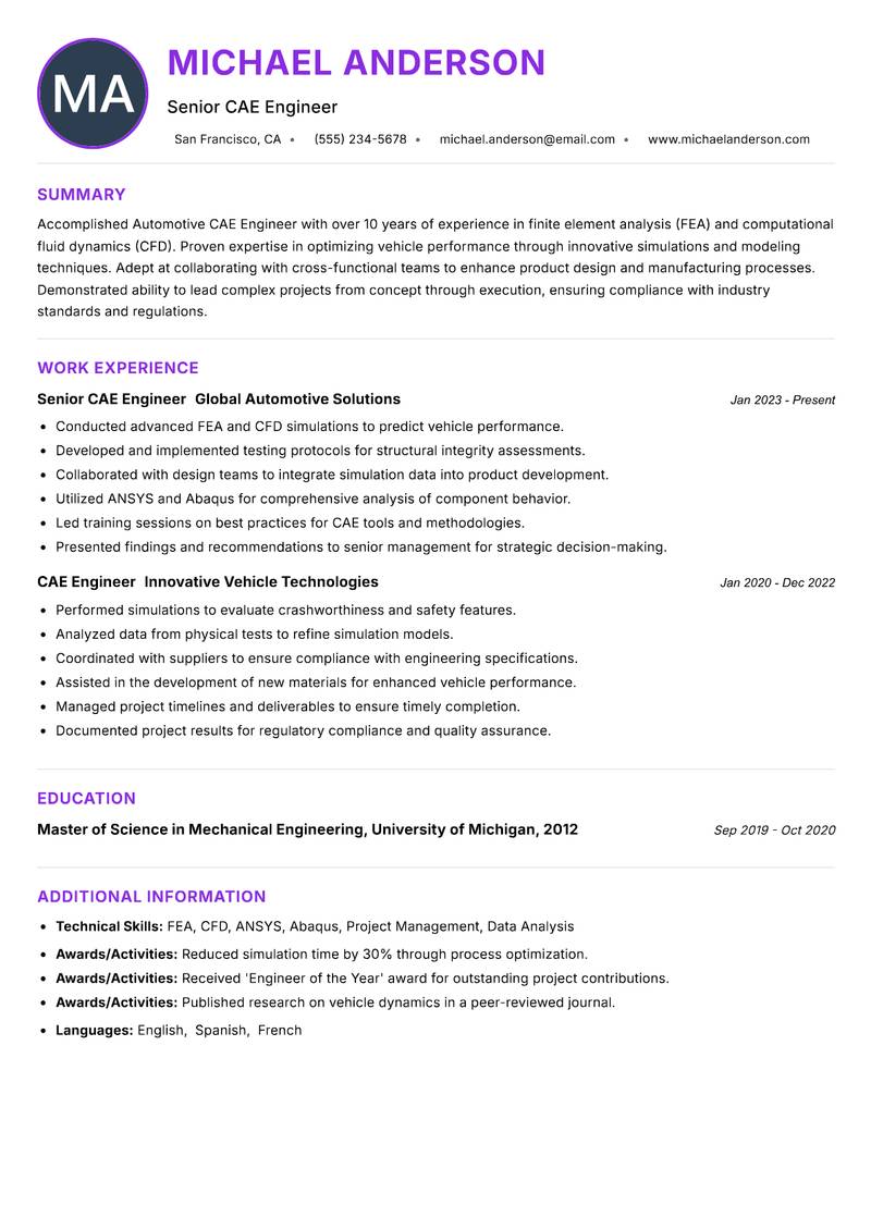 Automotive CAE Engineer Resume Preview Example