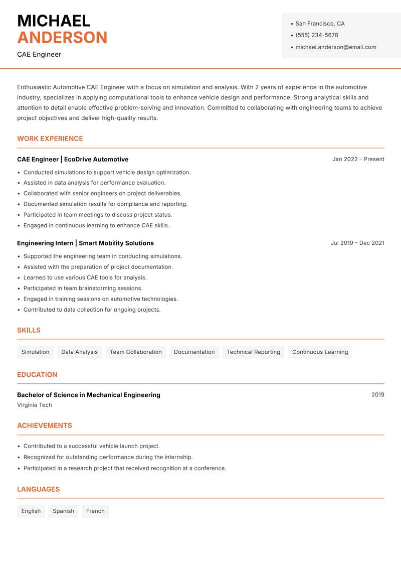 Automotive CAE Engineer Resume Template