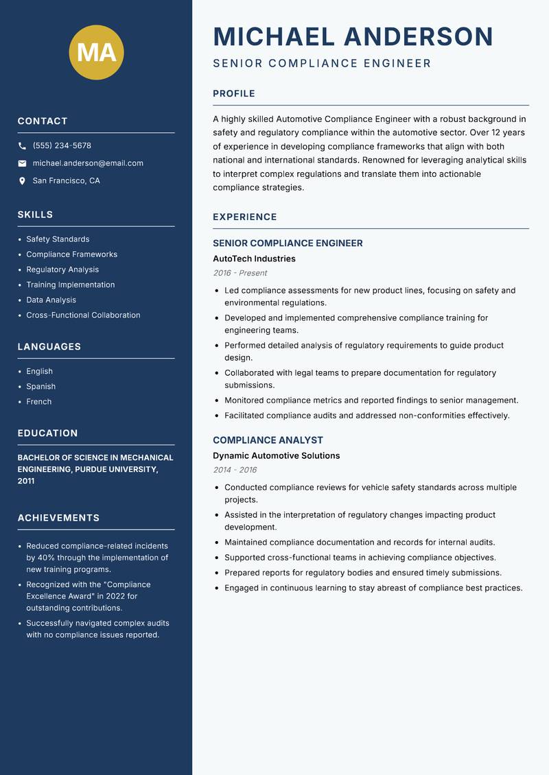 Automotive Compliance Engineer Resume Preview Example
