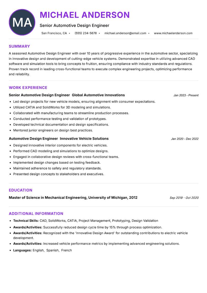 Automotive Design Engineer Resume Preview Example