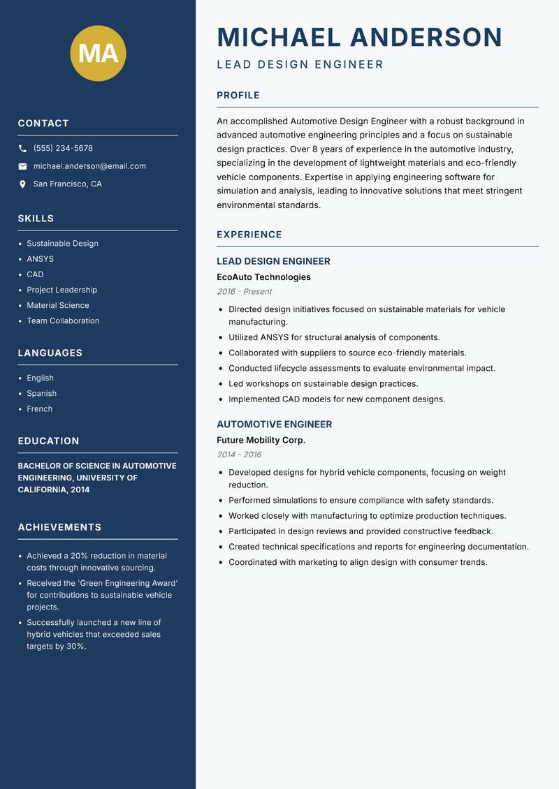 Automotive Design Engineer Resume Preview Example
