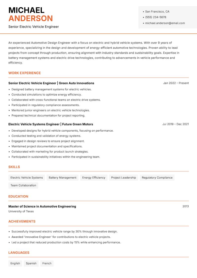 Automotive Design Engineer Resume Template
