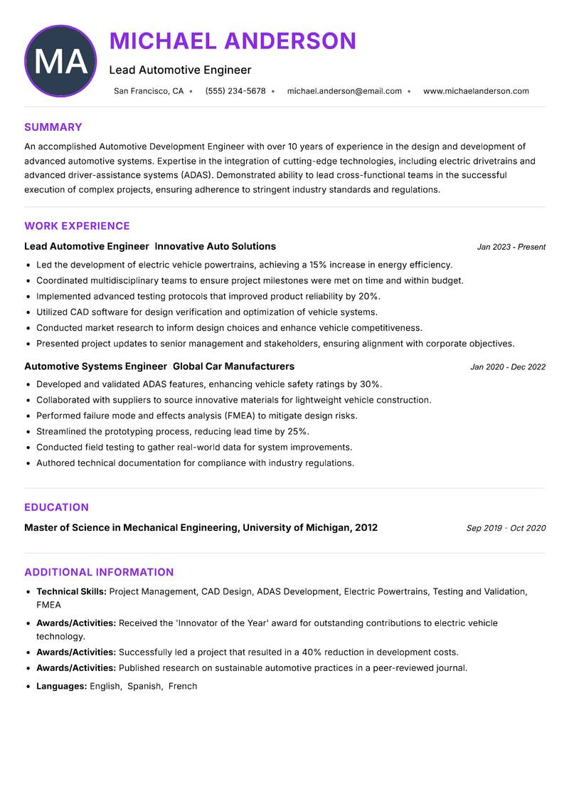Automotive Development Engineer Resume Preview Example