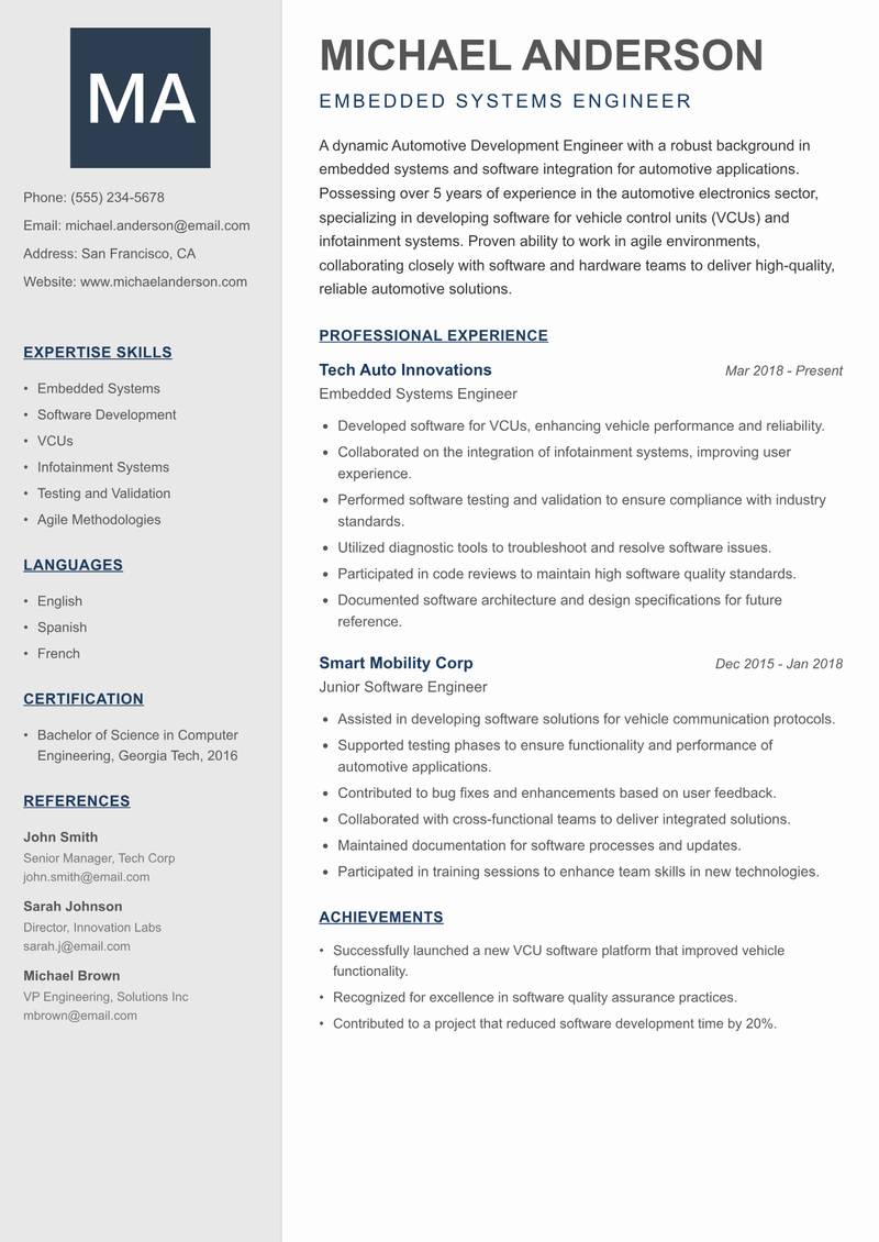Automotive Development Engineer Resume Preview Example