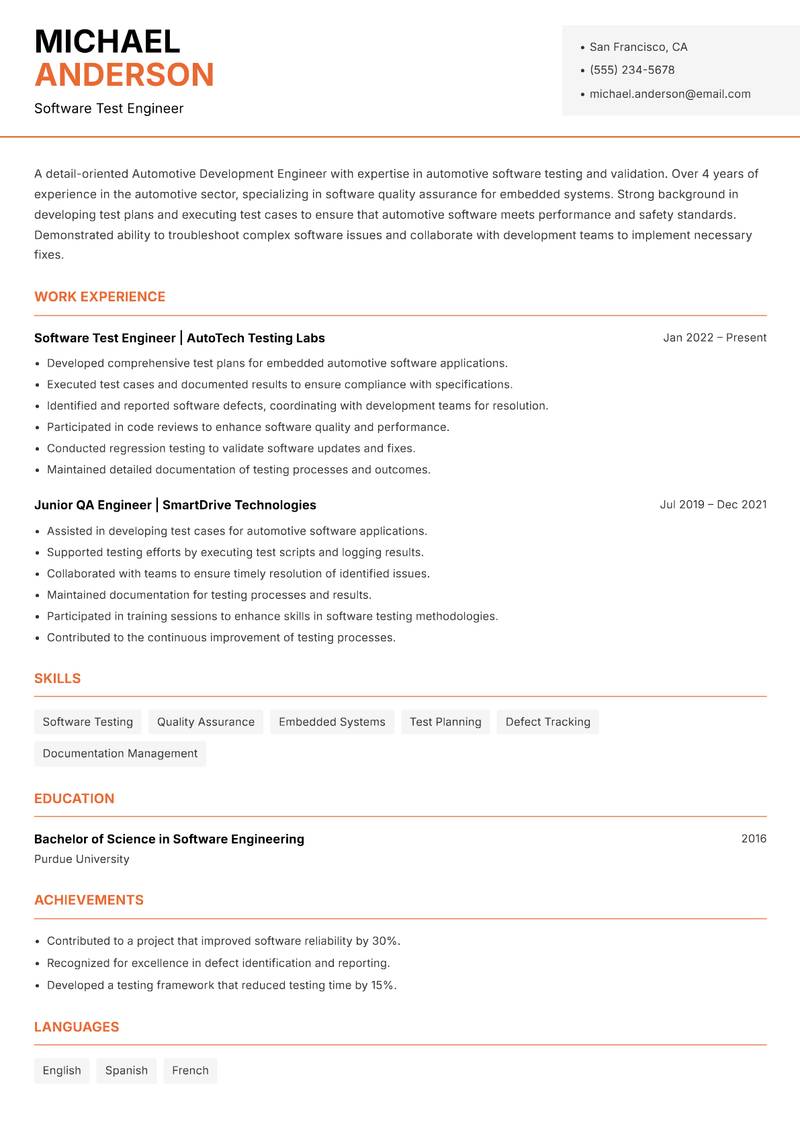 Automotive Development Engineer Resume Template