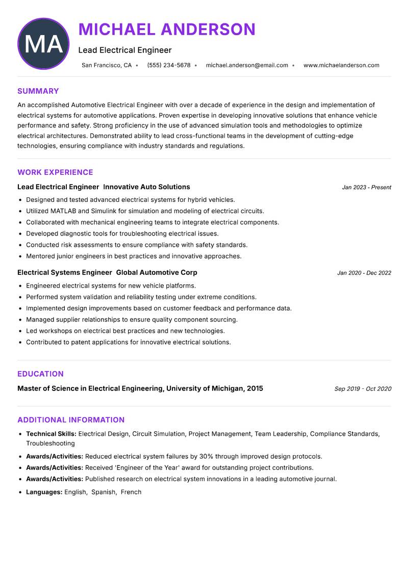 Automotive Electrical Engineer Resume Preview Example