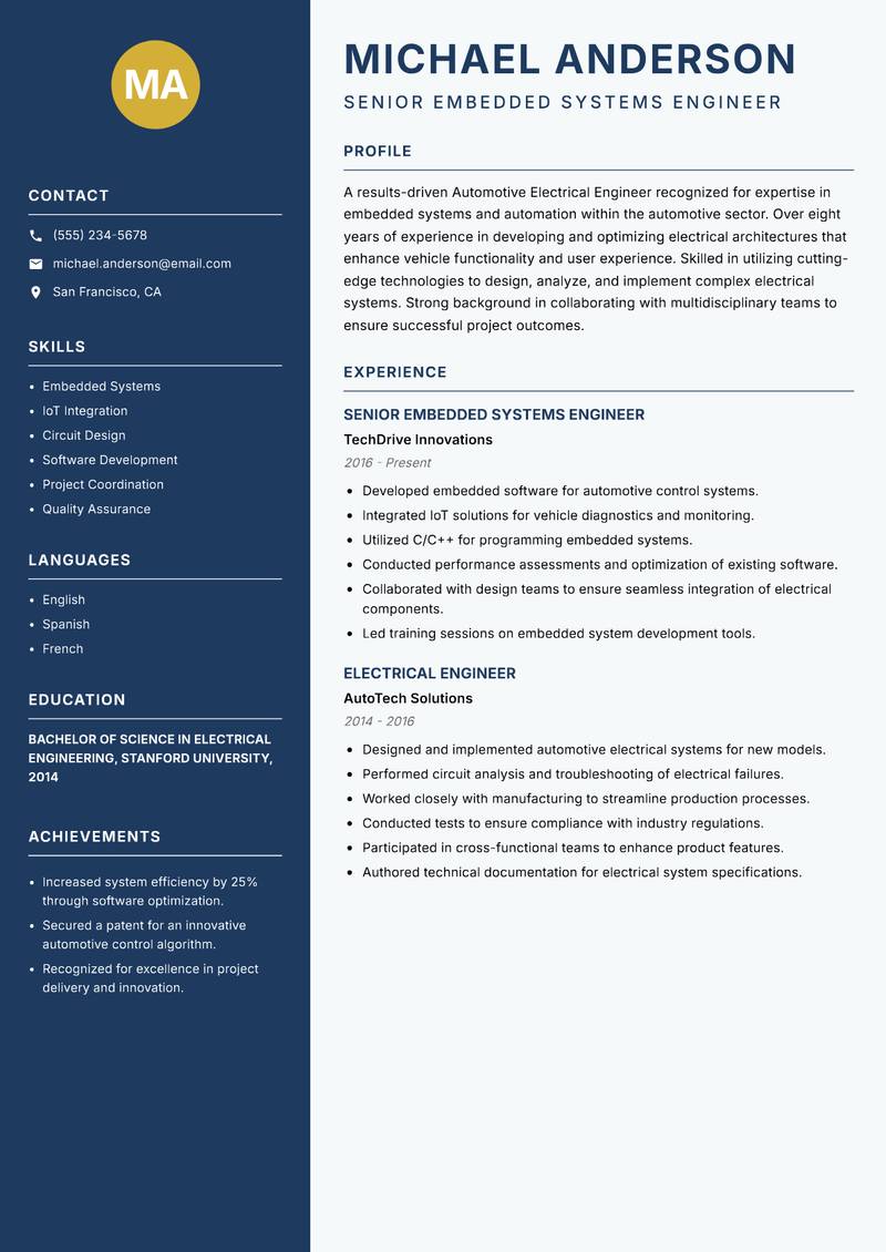 Automotive Electrical Engineer Resume Preview Example
