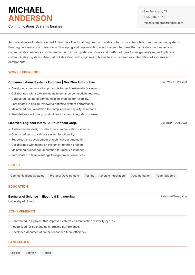 Automotive Electrical Engineer Resume Template