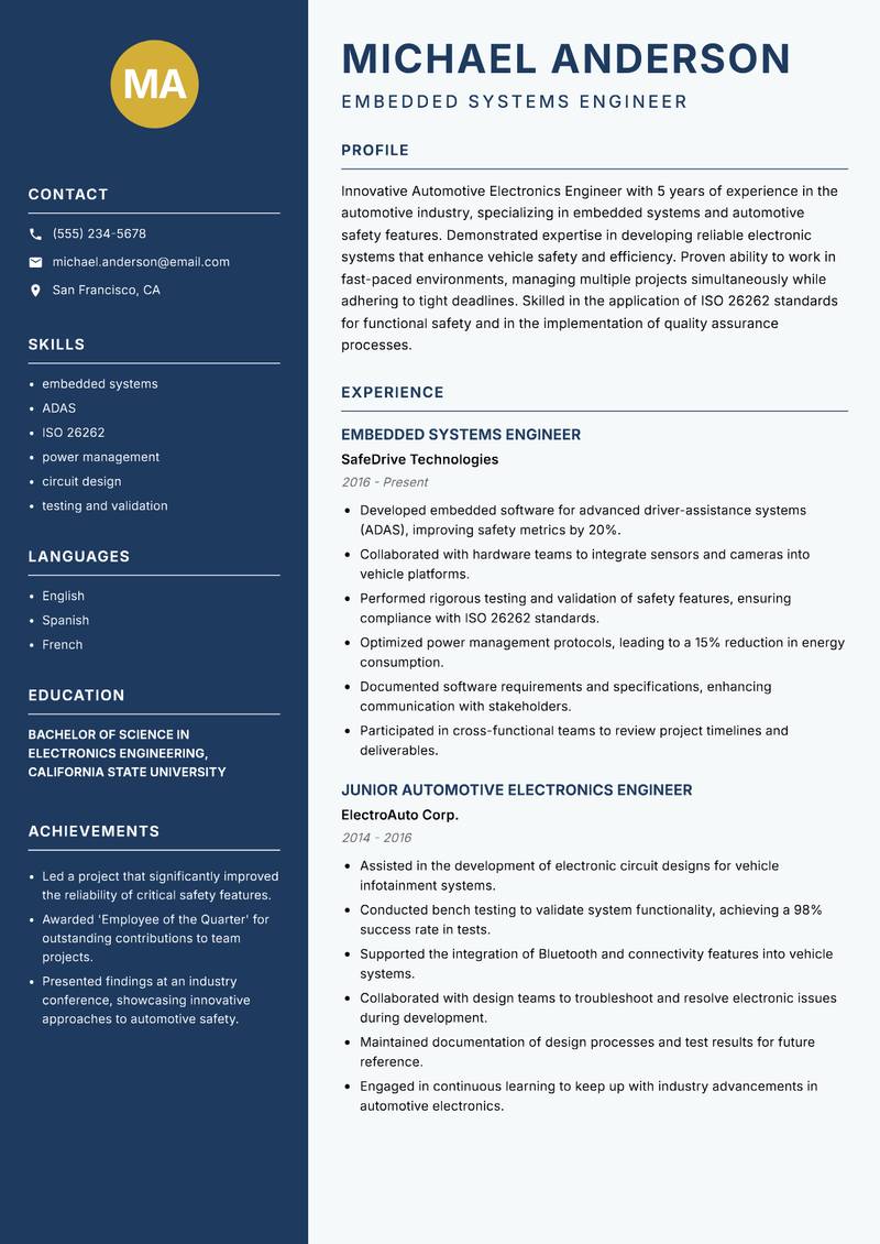 Automotive Electronics Engineer Resume Preview Example