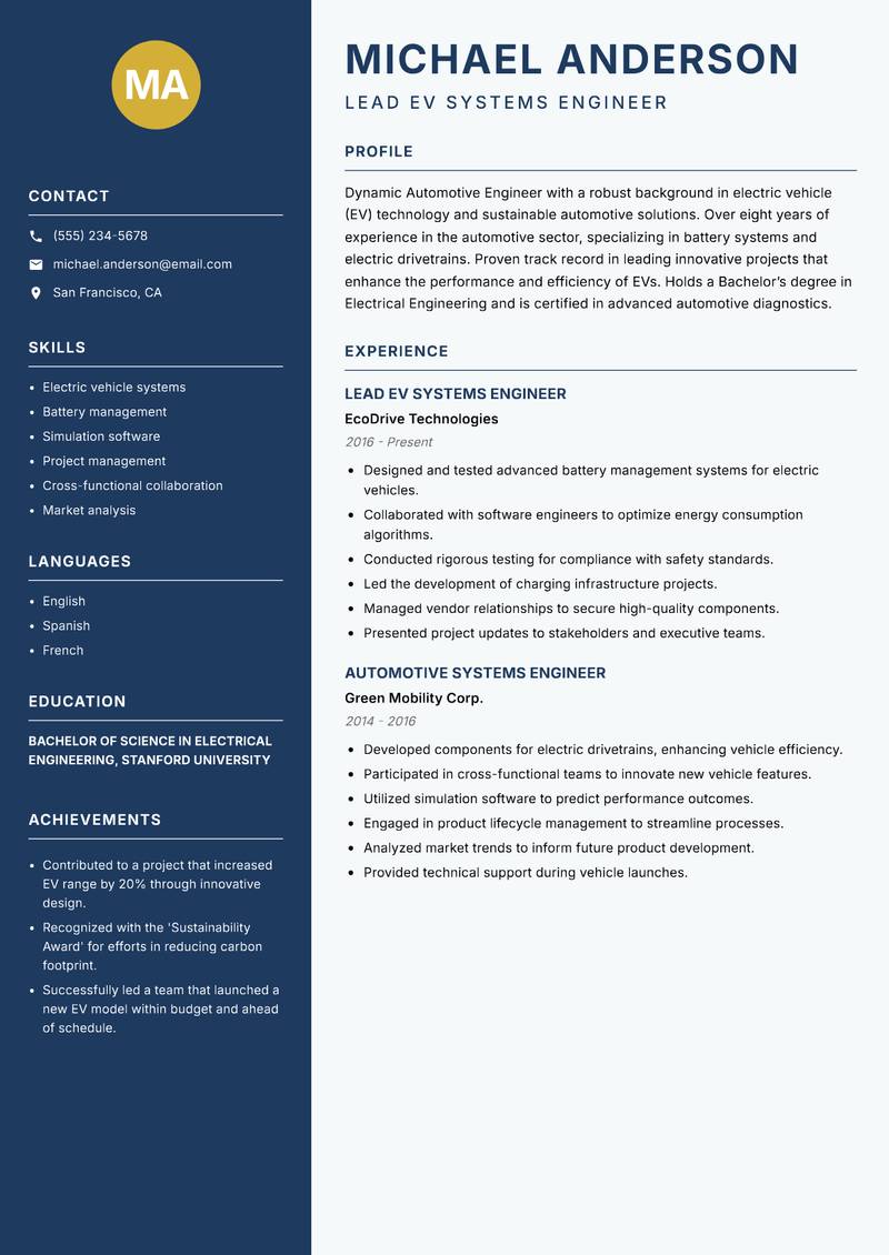 Automotive Engineer Resume Preview Example