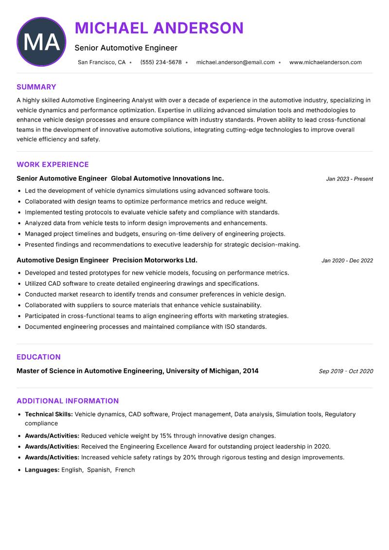 Automotive Engineering Analyst Resume Preview Example
