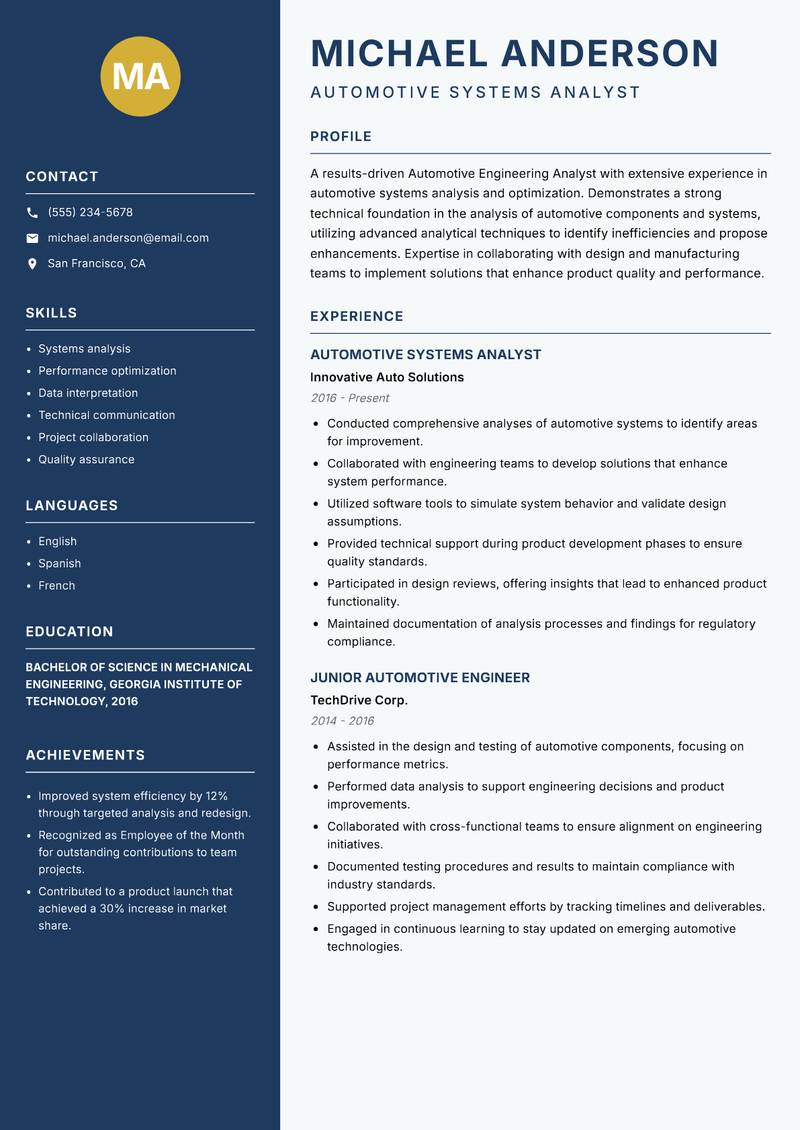 Automotive Engineering Analyst Resume Preview Example