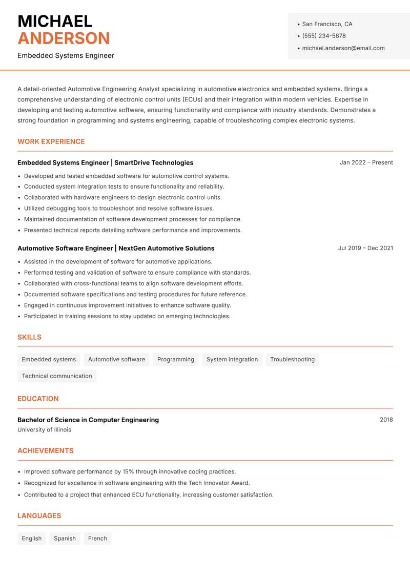 Automotive Engineering Analyst Resume Template