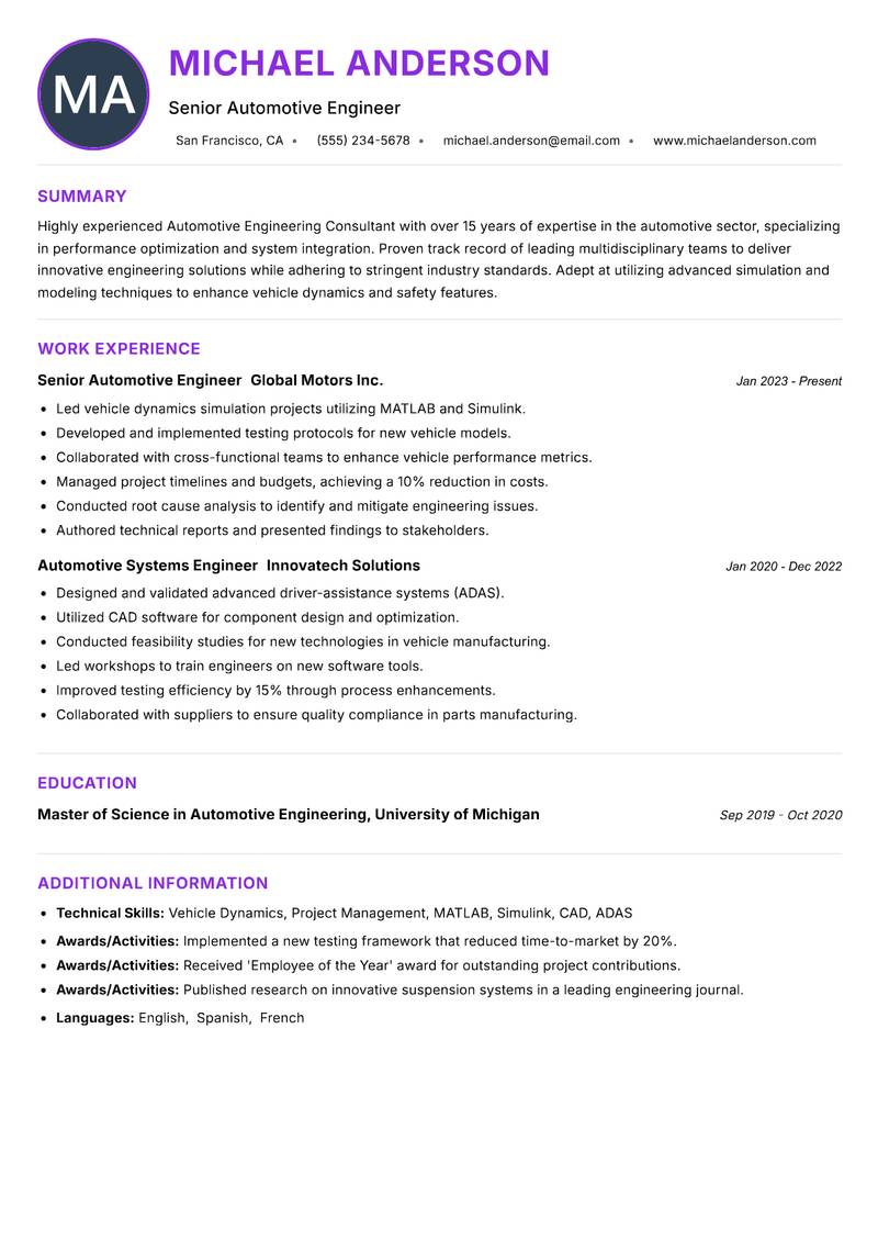 Automotive Engineering Consultant Resume Preview Example