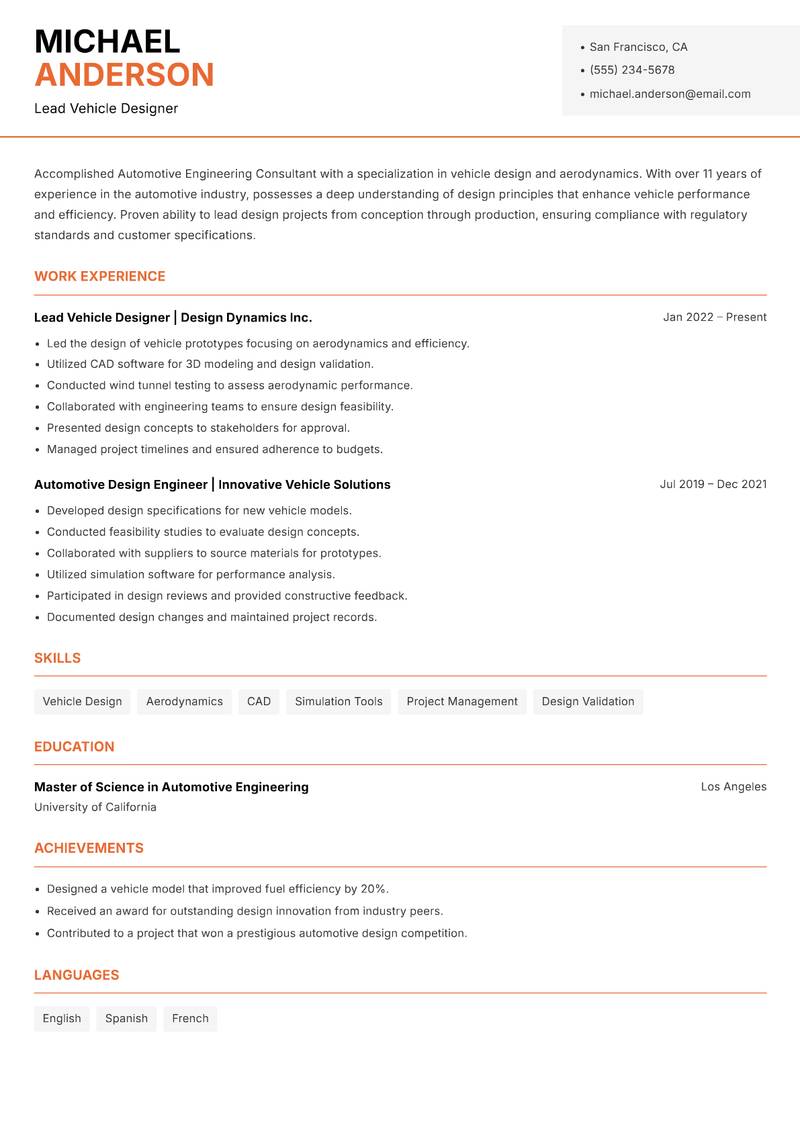 Automotive Engineering Consultant Resume Template