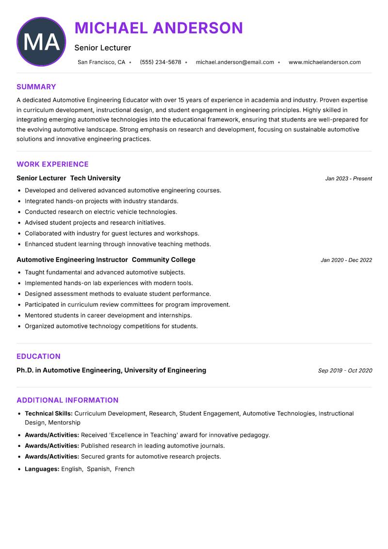 Automotive Engineering Educator Resume Preview Example