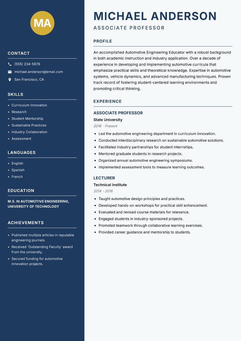 Automotive Engineering Educator Resume Preview Example